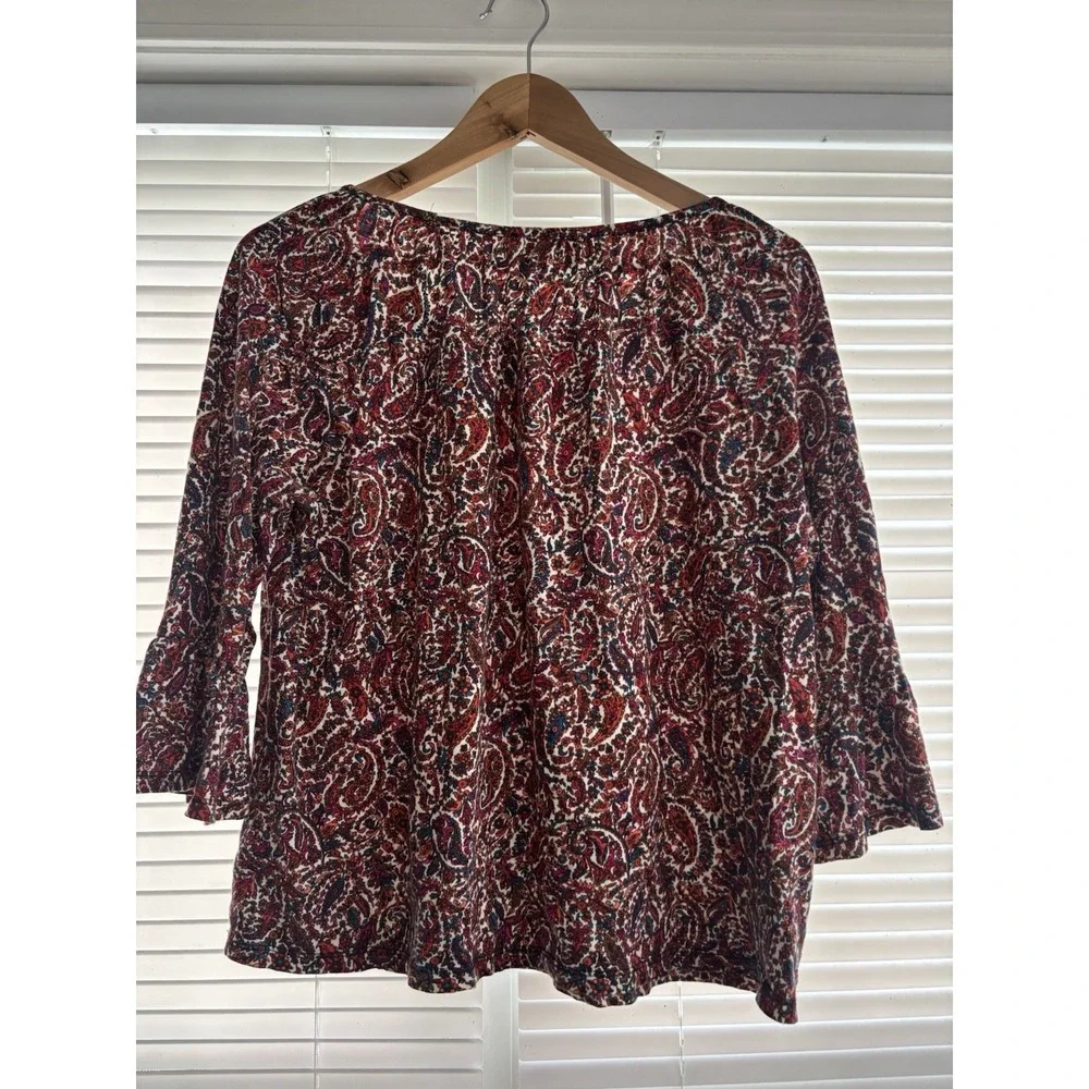 Michael Kors Womens L Peasant Blouse Red Paisley 3/4 Bell Sleeves